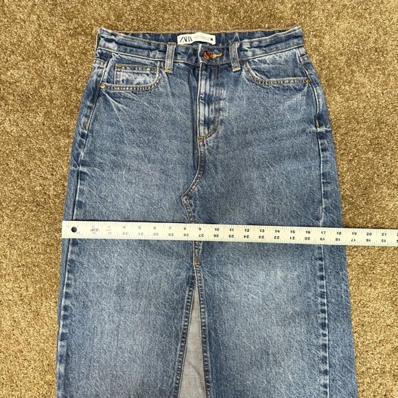 Zara Maxi Denim Skirt Womens XS Y2K Jean Blue Front Slit Streetwear Frayed 90s - Picture 10 of 13